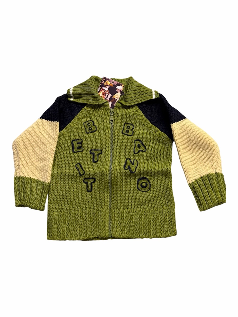Green Block-Color Knit Zip Cardigan with Letter Appliqués